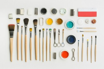 Poster - Paint brushes, scissors, containers of paint, and glue arranged neatly, offering a tidy workspace for crafting and artistic endeavors. Generative AI