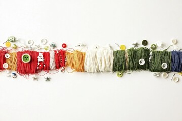 Poster - Colorful spools of thread, assorted buttons, and sewing needles are arranged on a clean white background, leaving space for added text or designs. Generative AI