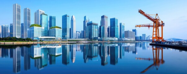 Wall Mural - Modern city skyline reflecting on calm waters at sunrise, vibrant urban landscape.