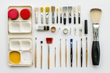 Aufkleber - Brightly arranged hobby and DIY tools such as brushes, scissors, and paints create an inviting workspace, perfect for creative activities. Generative AI