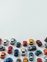 Poster - Various miniature car models are neatly arranged on a white background, offering ample space for text and creative design. Generative AI