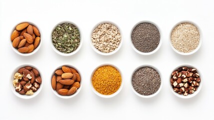 Poster - Variety of organic seeds, nuts, and herbs displayed in small bowls, set against a white surface, leaving room for additional text or graphics. Generative AI