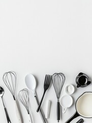 Aufkleber - Colorful kitchen utensils including spatulas, whisks, and pots are neatly arranged on a white background, creating a perfect layout for recipes. Generative AI