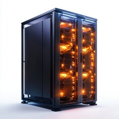 Poster - High-tech server rack illuminated with glowing lights, showcasing advanced computing hardware and modern design.
