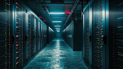 Poster - a busy, high-tech data center hallway filled with rows of servers, a dark and moody video representi