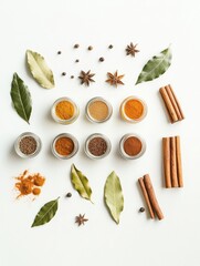 Fototapete - Small jars filled with vibrant spices are displayed alongside bay leaves and cinnamon sticks, offering a fresh inspiration for cooking. Generative AI