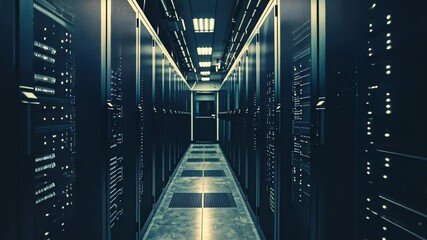 Poster - A long hallway filled with neatly aligned rows of servers in a highly secure and monitored data center, A dark and moody video representing data loss in NAS systems