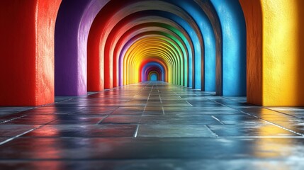 Poster - Colorful Archways in a Vibrant Hallway Showcasing a Spectrum of Bright Colors with a Stunning Reflection on a Smooth Surface
