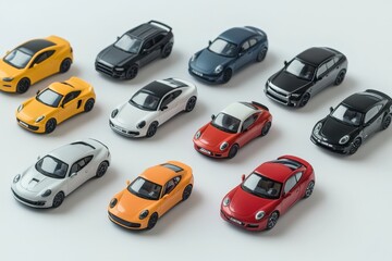 Poster - Collection of miniature car models displayed neatly on a white background, ideal for showcasing automotive designs and themes. Generative AI