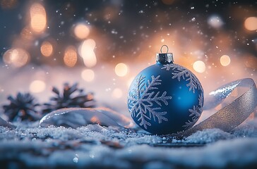 Wall Mural - Blue Christmas background with a blue ornament and white snowflakes, a ribbon on the right side, and shiny bokeh lights in the background.