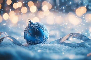 Wall Mural - Blue Christmas background with a blue ornament and white snowflakes, a ribbon on the right side, and shiny bokeh lights in the background.