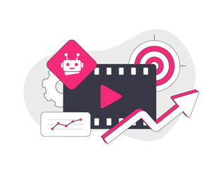Fototapete - Video Ads Optimization with AI. Use AI tools to automatically optimize video ads for better targeting and performance. Vector Illustration of video analytics and AI adjusting ad placement