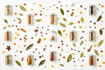 Poster - A vibrant arrangement of small spice jars, bay leaves, and cinnamon sticks set against a clean white backdrop, inviting culinary creativity. Generative AI