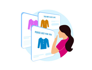 Poster - AI-Generated Predictive Product Recommendations. Young girl with predictive product recommendations based on browsing behavior. Product suggestions dynamically appearing on website vector illustration