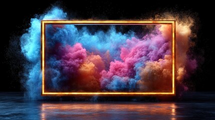 Poster - Vibrant Colorful Smoke Clouds in Neon Frame on Dark Background, Visual Art Concept for Creative Design and Digital Artwork Presentations