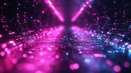 Poster - Abstract digital tunnel with glowing particles in vibrant pink and blue colors creating a mesmerizing atmospheric perspective for futuristic backgrounds