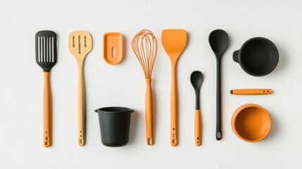 Aufkleber - Brightly colored kitchen utensils including spatulas, whisks, and pots arranged neatly on a white surface, offering space for creative text. Generative AI