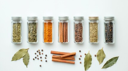 Fototapete - Small jars filled with vibrant spices, accompanied by bay leaves and cinnamon sticks, create an aromatic display on a white surface. Generative AI