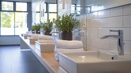 Wall Mural - Modern Bathroom Sinks with Rolled Towels and Lush Greenery