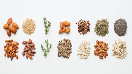 Poster - Various organic seeds, nuts, and herbs are displayed on a clean white background, providing a perfect area for additional text or designs. Generative AI