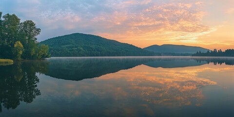 Wall Mural - A tranquil lake reflecting the surrounding mountains and the warm, pastel tones of a summer sunrise. 