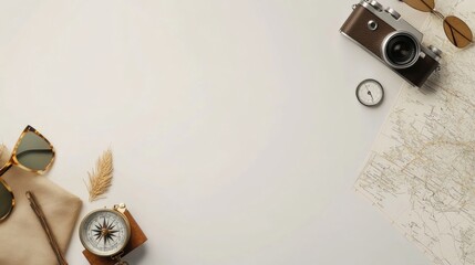 Poster - Travel items like a map, compass, camera, and sunglasses are neatly organized, providing a minimalist layout perfect for planning adventures. Generative AI
