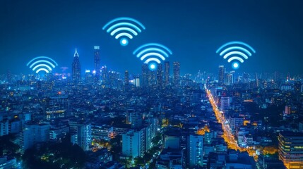 Poster - futuristic technology background featuring a modern cityscape at night with wireless network connect