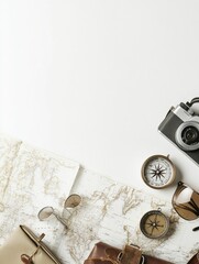 Aufkleber - Map and compass lay next to a small camera and sunglasses, ready for exploration while leaving space for travel notes. Generative AI