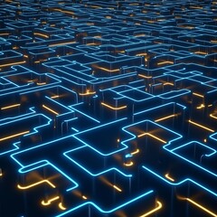 Poster - Abstract 3D rendering of a complex network of glowing blue and orange lines resembling a circuit board or maze.