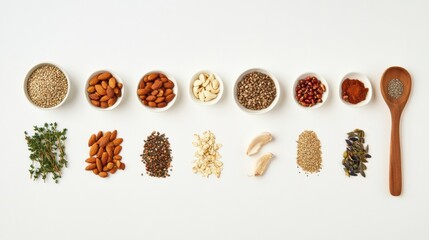 Fototapete - An assortment of organic seeds, nuts, and herbs is displayed on a white background, with empty space available for custom text or branding. Generative AI