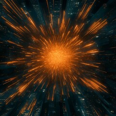 Poster - Abstract city burst, orange energy radiating from bright core.