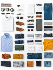 Poster - A collection of various clothing styles, featuring shirts, pants, and accessories, neatly arranged on a white background with ample blank space. Generative AI