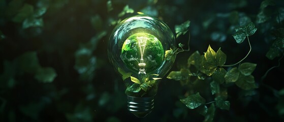 Wall Mural - light bulb against nature on green leaf with energy sources, Sustainable developmen and responsible environmental, Energy sources for renewable, Ecology concept.