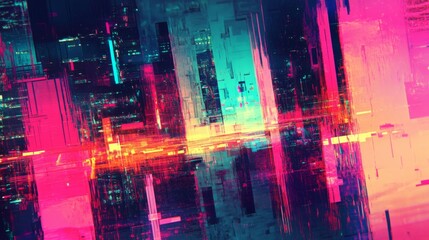 Poster - Vibrant neon glitch texture background featuring futuristic digital processing elements and abstract computer art with dynamic pixelated effects, perfect for technology-themed visuals, modern graphic 