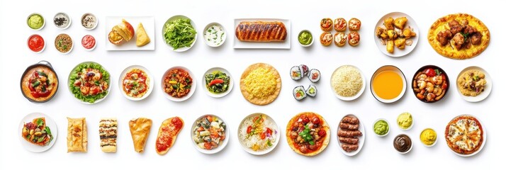 Poster - A variety of delicious dishes from Italian, Japanese, and Mexican cuisines are artistically arranged against a blank backdrop, perfect for text. Generative AI