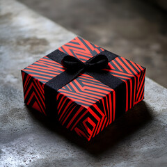 A beautifully wrapped gift box with a red and black striped pattern, adorned with a black ribbon.