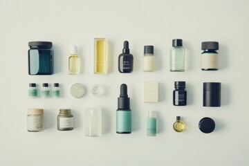 Aufkleber - An assortment of skin care containers is neatly arranged on a white surface. Generative AI