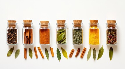 Fototapete - Small jars filled with vibrant spices and herbs are neatly arranged alongside bay leaves and cinnamon sticks against a clean white background. Generative AI