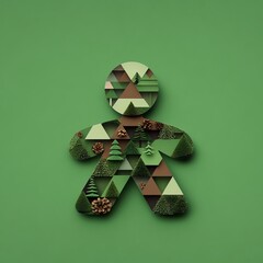 Poster - Abstract human figure composed of forest elements, pine cones, and green triangles on a green background.