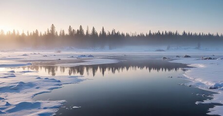  A serene winter landscape by the Gulf of Bothnia with mist rising from the frozen lake surface, winter, fog, calmness