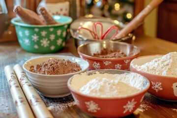 Wall Mural - A festive kitchen with bowls of flour, sugar, and cocoa powder ready for mixing