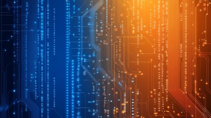 Poster - Futuristic orange and blue technology background featuring circuit board patterns, digital code elements, and high-tech abstract design for modern innovation themes and sci-fi aesthetics.