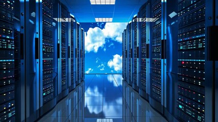 Poster - This video shows a spacious room filled with numerous servers, providing data storage and processing capabilities, A dynamic view of cloud storage servers