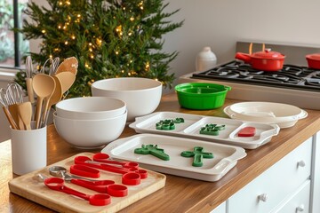 Wall Mural - A well-organized countertop with mixing bowls, spatulas, and baking trays. Holiday-themed cookiee