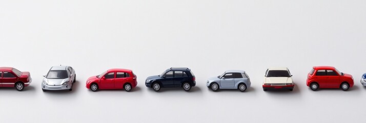 Poster - Various miniature cars placed side by side on a clean white surface, offering ample space for creative text and design elements. Generative AI