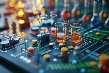 Poster - A vibrant close-up of a circuit board featuring colorful chemical flasks, blending technology and science in a creative display.