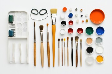Aufkleber - Brushes, small acrylic paints, scissors, and a palette are neatly arranged on a white background, providing ample space for creativity. Generative AI