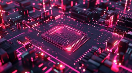 Poster - Futuristic technology background featuring a 3d render of a printed circuit board design with intricate digital patterns, highlighting dynamic server connections and high-tech elements for modern digi