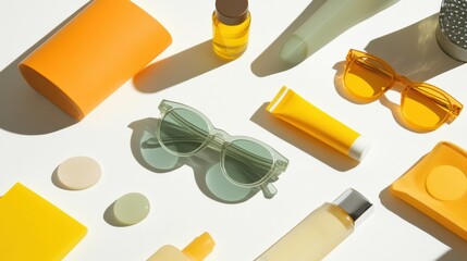 Poster - Summer essentials such as sunscreen, sunglasses, and oil are elegantly displayed on a white surface, perfect for beach trips. Generative AI