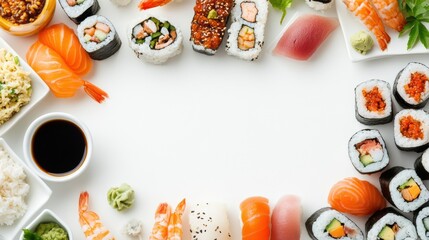 Poster - A colorful display of Italian, Japanese, and Mexican dishes beautifully arranged with ample space for additional text or branding. Generative AI